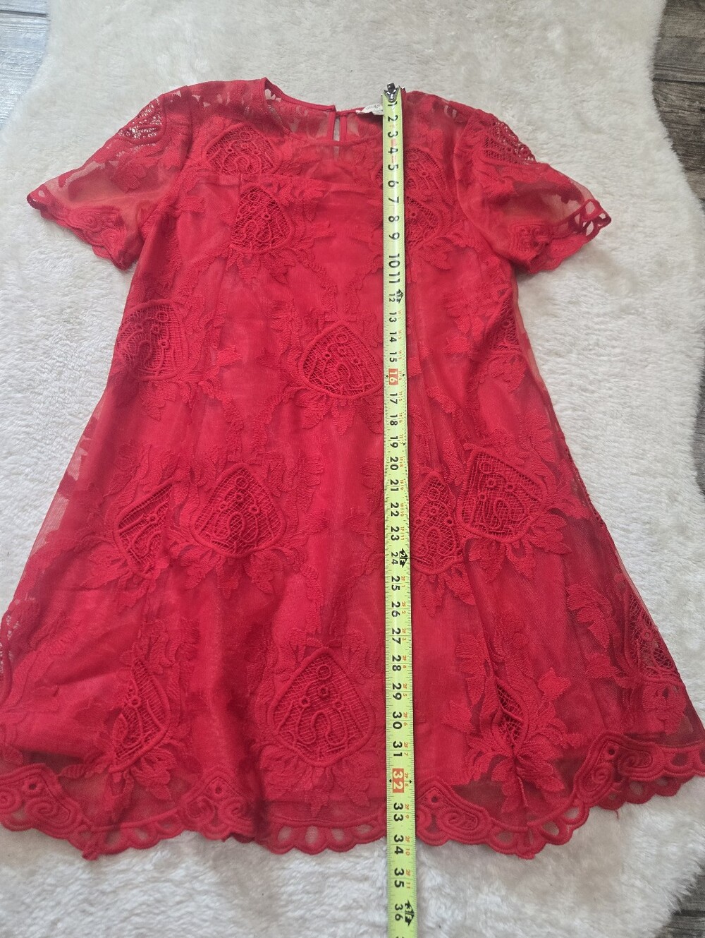 UMGEE Red Lace Short Sleeve Scalloped Hem Boho Babydoll Shift Mini-Dress, M - Picture 4 of 7